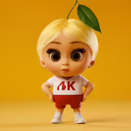 a little doll standing with a plant on its head