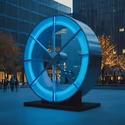 a blue lighted device sitting in front of a building