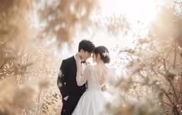 a man and woman pose for a picture near some trees