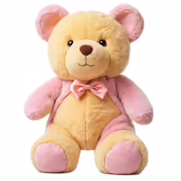 a stuffed teddy bear with pink ears and pink outfit