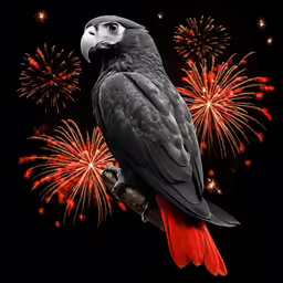 a parrot sitting on top of a branch surrounded by fireworks