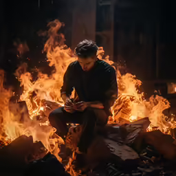a man is sitting in front of a fire while using his cell phone