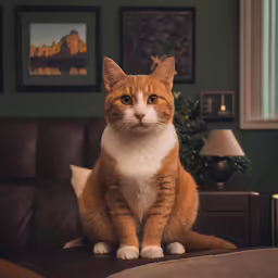 a cat sits on a leather sofa in a room