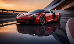 a red sports car driving in front of a building