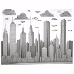 a drawing of some cityscape and birds flying in the air,pencil drawing of cityscape with clouds and stars