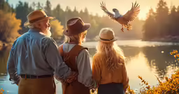 three people stand in the grass as the sun sets near a body of water
