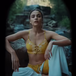 woman sitting down by a pool in a yellow bra