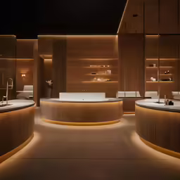 illuminated wooden and porcelain bathroom sinks and bathtub