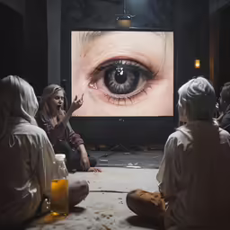 the people are watching television on the big screen