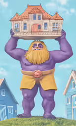 the giant purple man is carrying a small house on his head