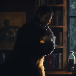 the woman in the long jacket looks down at her hand