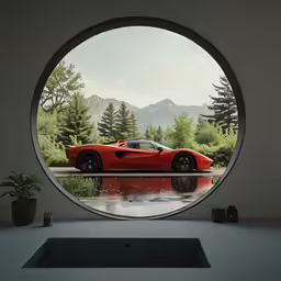 a sports car viewed through the round window
