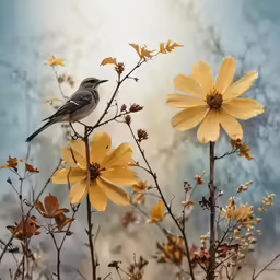 the small bird is sitting on the yellow flower