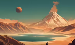 an illustrated painting with mountains and a lake