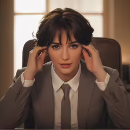 the woman is sitting at the desk with her hands behind her head