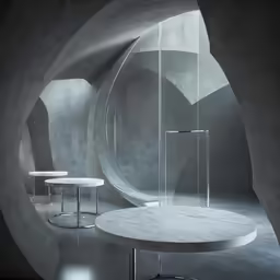 round white marble table and stools next to glass doors