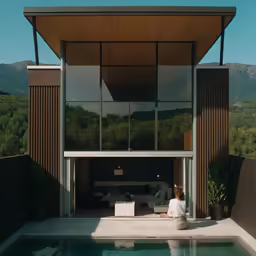 a woman sits on the edge of a swimming pool in front of a house