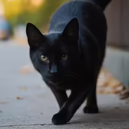 a black cat is walking down a street