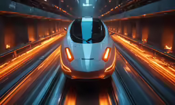 a sleek looking white car travels through a tunnel