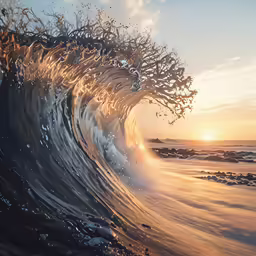 an ocean with waves breaking on it and the sun in the background