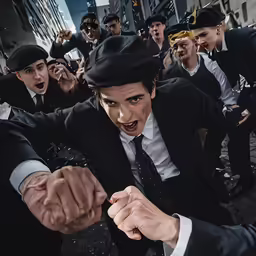 a bunch of people wearing black suits and hats