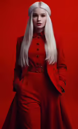a young blonde woman wearing a red long coat and matching suit