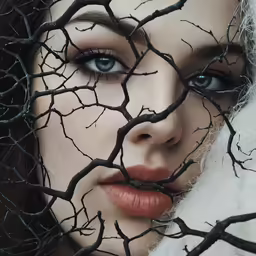a woman with blue eyes and black branches
