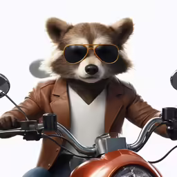 a racoon with glasses and a brown jacket sitting on top of a motorcycle