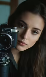 a woman taking a picture with an old fashioned camera