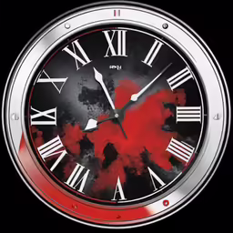 a clock with a red and black design on it