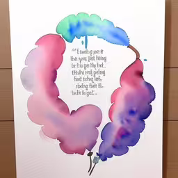a picture of a quote by the artist, a pink and blue heart shaped painting,an image of a card with watercolor artwork