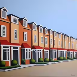 an oil painting of a row of houses with green plants in front of them,an artist
