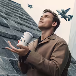 a man holding a coffee cup while standing next to an airplane