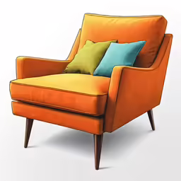an orange chair with two blue pillows on it