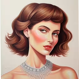 this is an art portrait of a woman wearing necklaces,an illustration of a woman in pearls and jewelry,a woman with long hair and a silver necklace,an image of a woman with short hair and necklace,a woman with a necklace on her neck in an illustration