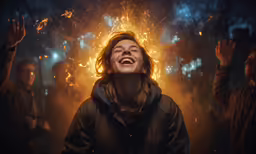 a woman that is standing in front of a firework