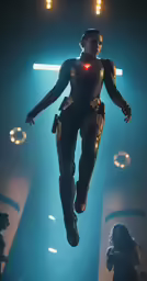 a woman in a dress jumping up into the air