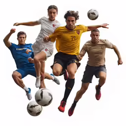 four young men are kicking soccer balls up