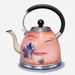 a painting of a pink kettle with a white and black handle