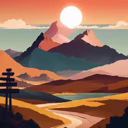 a sunset scene shows the mountains as well as a signpost,a poster depicts a road running up the mountain