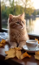 a cat sits near a cup of coffee with a beautiful view