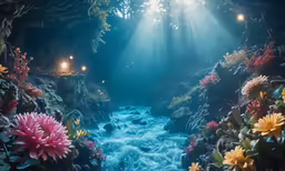 sunlight streaming into a dark sea with water