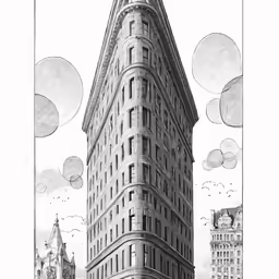 a drawing of a big building with a car parked in the front