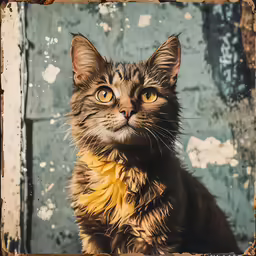 a picture of a cat in yellow ribbon looking at something