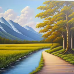 a painting of the path to nowhere,a painting of a pathway through a valley
