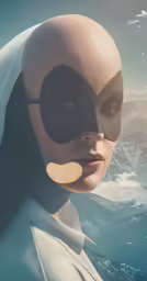 an alien with a human face is seen through the glass