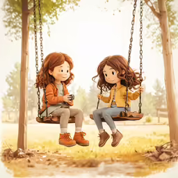 two children are on swings while the boy looks at his phone