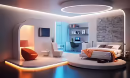 modern bedroom with round light, large bed, and white bedpread