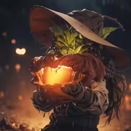a person holding out a lit light up pumpkin