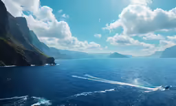 a boat out on the water with mountains in the background